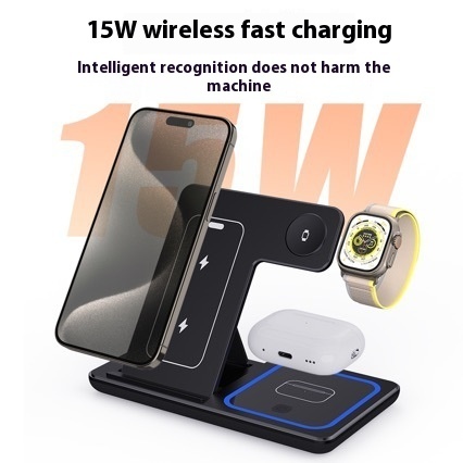 15W 3 In 1 LED Fast Wireless Charger Stand Foldable Charging Station For Smart Phone 15 14 13 12 11 IWatch 9 8 7 6 5 Airpods Pro - Imagen 4