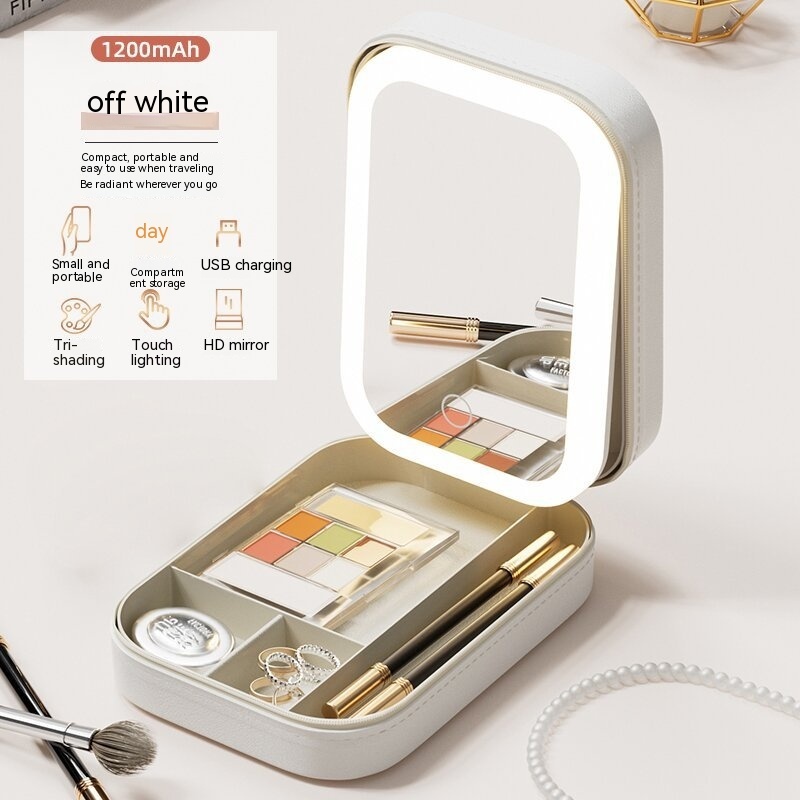 Makeup Storage Box With LED Light Mirror Portable Travel Makeup Cosmetics Storage Box Touch Light Storage Organizer - Imagen 2