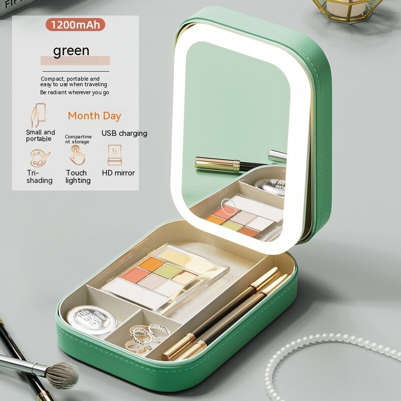 Makeup Storage Box With LED Light Mirror Portable Travel Makeup Cosmetics Storage Box Touch Light Storage Organizer - Imagen 7