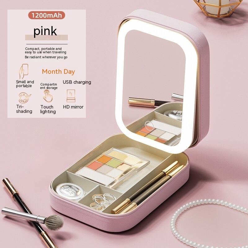 Makeup Storage Box With LED Light Mirror Portable Travel Makeup Cosmetics Storage Box Touch Light Storage Organizer - Imagen 6